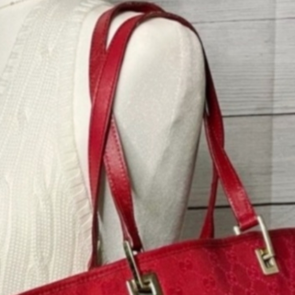 Gucci Red Denim Canvas Tote With Leather Handles & EUC Large - Picture 9 of 10